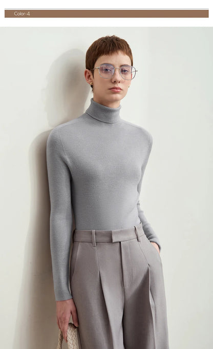Damen-Rollkragenpullover 100 % Wolle Kammgarn schlank Winter