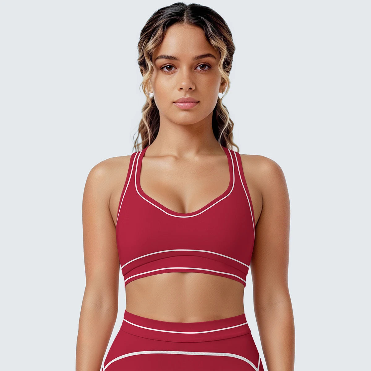 Damen Yoga-Top bordeauxrot, sportlicher Schnitt mit Racerback und weißen Kontrastlinien