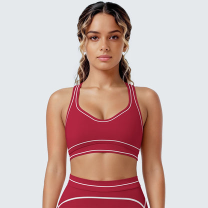 Damen Yoga-Top bordeauxrot, sportlicher Schnitt mit Racerback und weißen Kontrastlinien