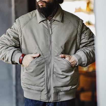Herren Pilotenjacke Graugrün Warmer Mit Baumwolle Gefütterter Mantel Revers Taschen