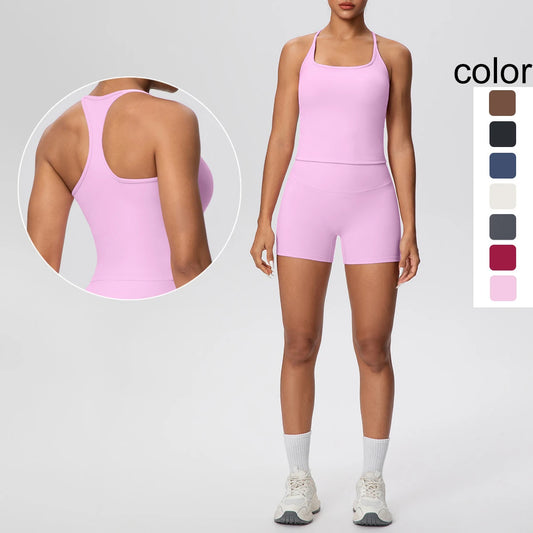 Rosa rückenfreies Yoga-Set mit hochtailliertem Tanktop und Shorts, vorne mit Rückenausschnitt