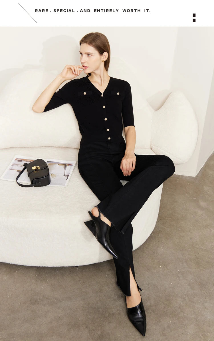 Damen-Strickjacke Baumwolle Slim Halbarm V-Ausschnitt Büro Frühling
