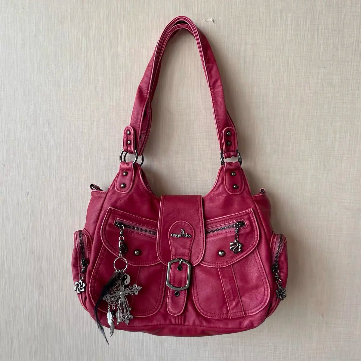Damen-Schultertasche aus PU, pink, mit Top-Griff und Reißverschlussfächern vorn