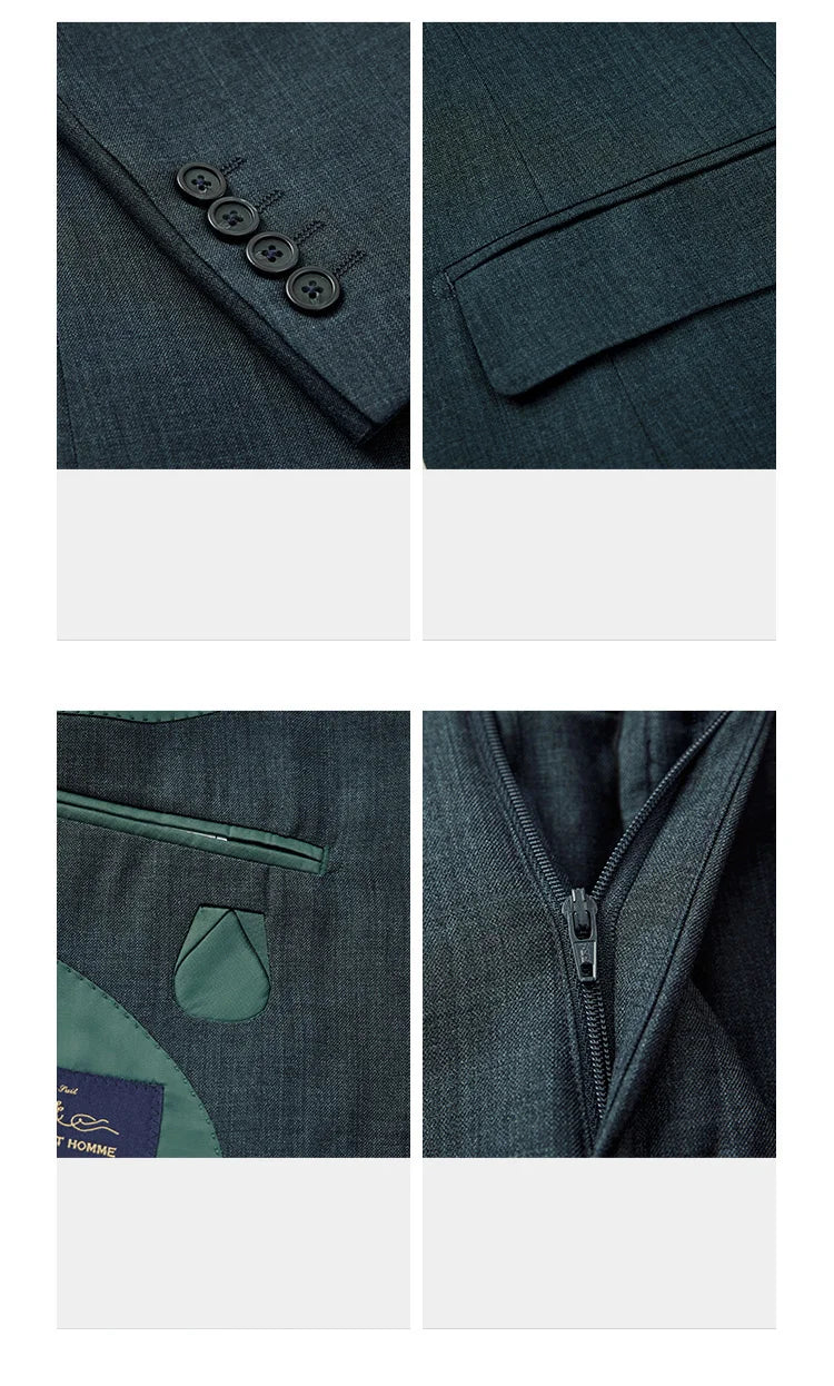 Grünes Herren-Anzugset mit zweireihigem Blazer, Weste und Hose aus Baumwolle – ideal für formelle Anlässe und Hochzeiten