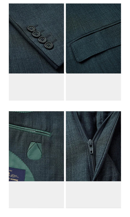 Grünes Herren-Anzugset mit zweireihigem Blazer, Weste und Hose aus Baumwolle – ideal für formelle Anlässe und Hochzeiten
