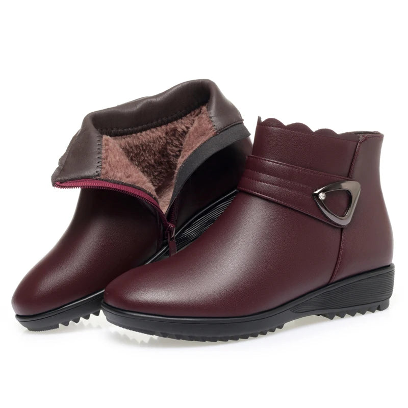 Damen Schneestiefel aus echtem Leder mit rutschfestem flachem Boden