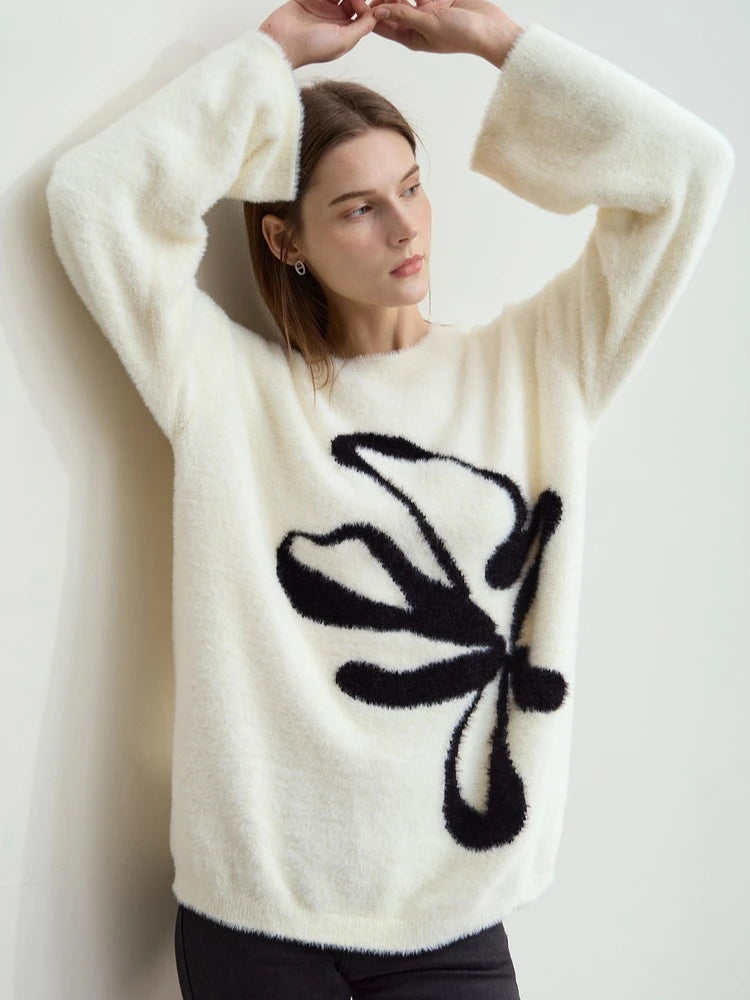 Damen-Pullover mit langem Arm, Rundhalsausschnitt, wollweiß und schwarzem Jacquard-Motiv