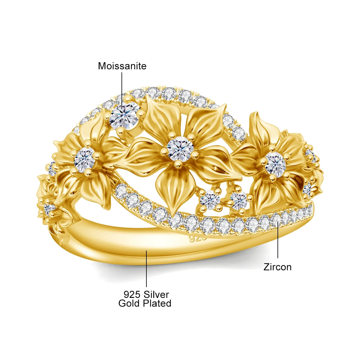 Damen-Ring Blüten-Moissanit Mit Zertifikat Und Goldplattierung Auf 925er Silber Für Verlobung Und Alltag