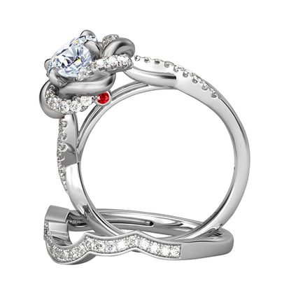 Damen-Ringe-Set aus 925 Sterling Silber mit Moissanit Steinchen und Blüten-Design für Verlobung und Hochzeit