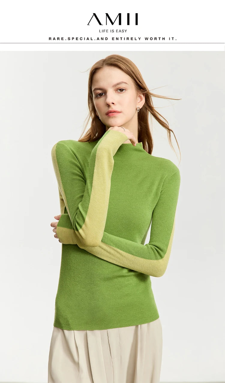 Damen-Halbrollkragen-Pullover Slim Patchwork Wolle-Mix Herbst-Winter