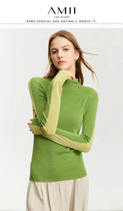 Damen-Halbrollkragen-Pullover Slim Patchwork Wolle-Mix Herbst-Winter