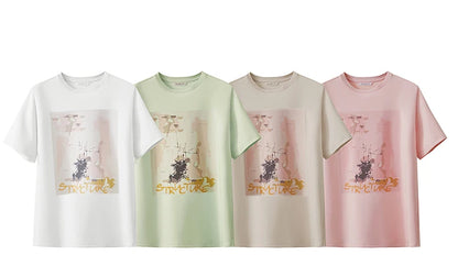 Damen T-Shirt im minimalistischen Stil mit lässigem O-Ausschnitt und Kunstdruck
