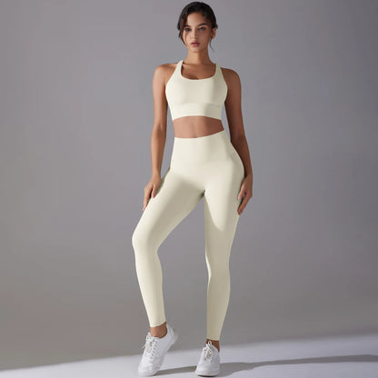 Damen-Yoga-Set in Hellbeige (Ivory): Sporttop mit breitem Bund und Leggings, Frontansicht