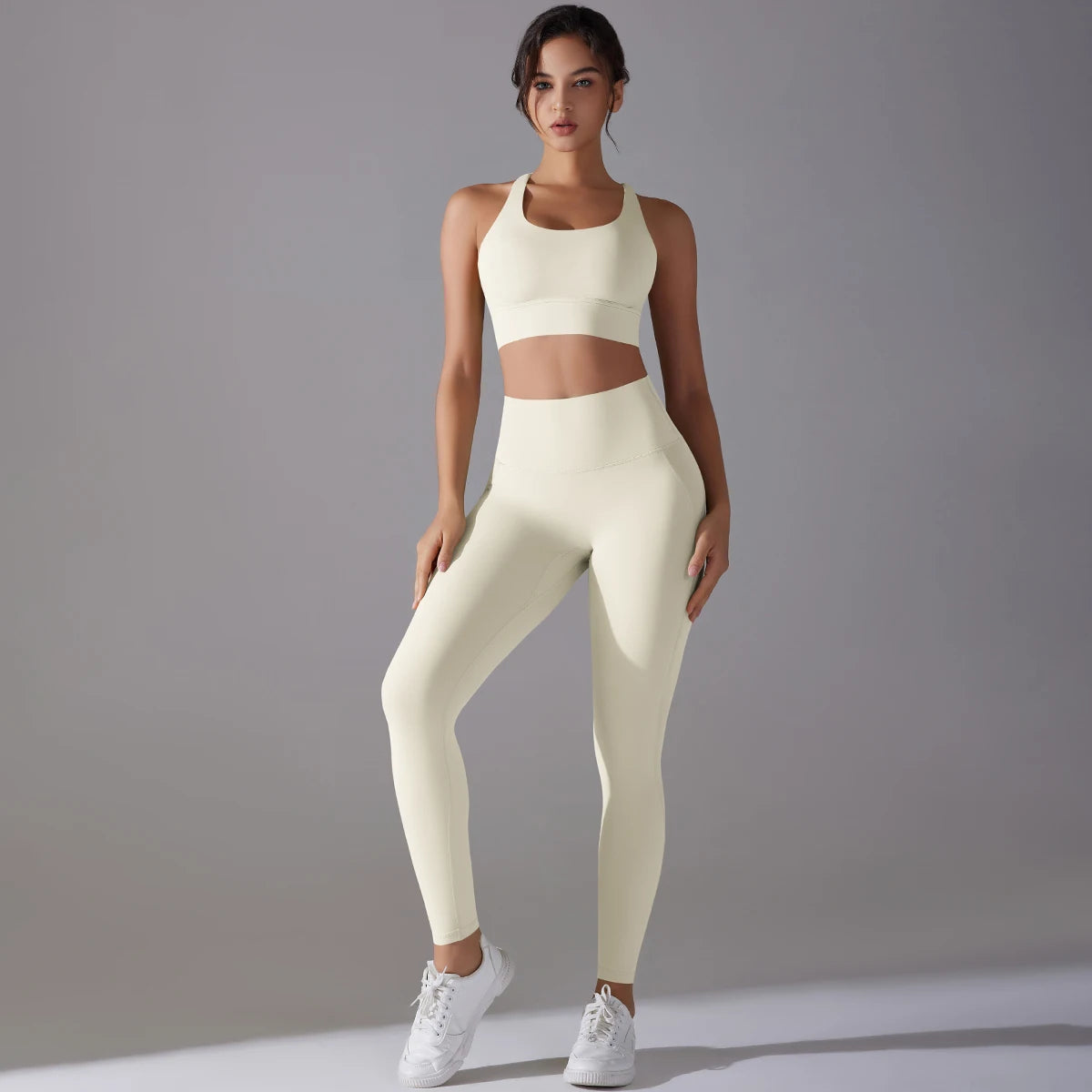 Damen-Yoga-Set mit Bügeltop und Leggings, Slim Fit, hellcremefarben