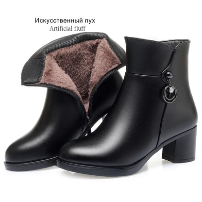 Damen-Winterstiefelette aus schwarzem Leder mit Woll-Innenfutter und Blockabsatz
