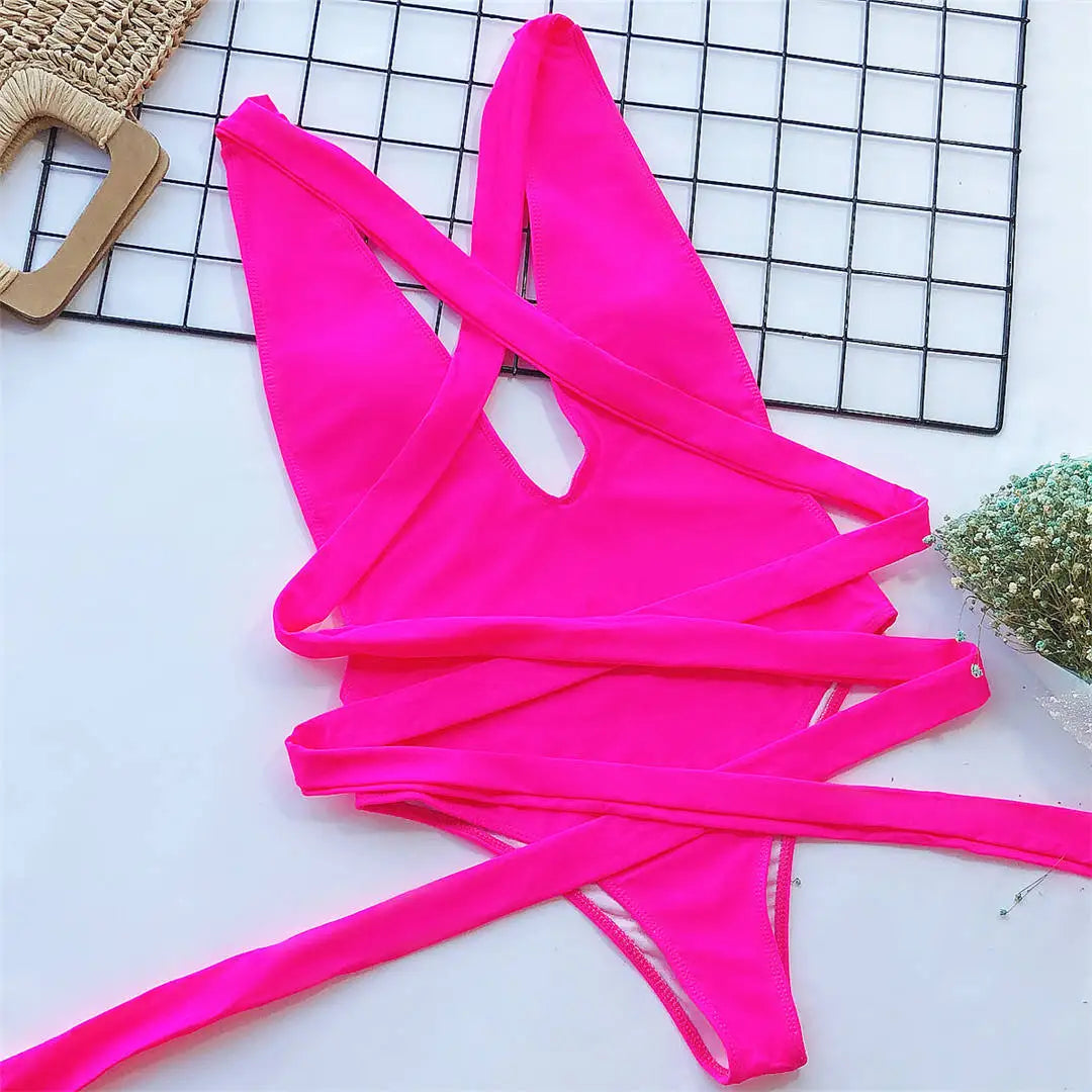 Damen-Badeanzug tiefer V-Ausschnitt Wickel Verband rückenfrei Monokini