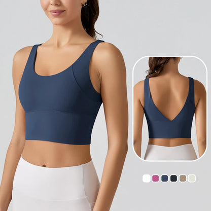 Yoga-Tanktop aus Nylon mit tiefem Rückenausschnitt (V) und breiten Trägern, navyblau