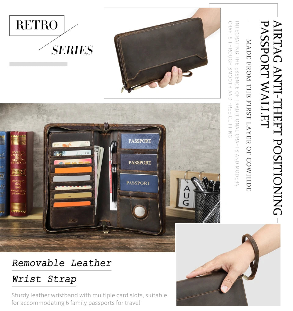 Braune Leder-Passbrieftasche mit Reißverschluss, abnehmbarer Handschlaufe und Kartenfächern