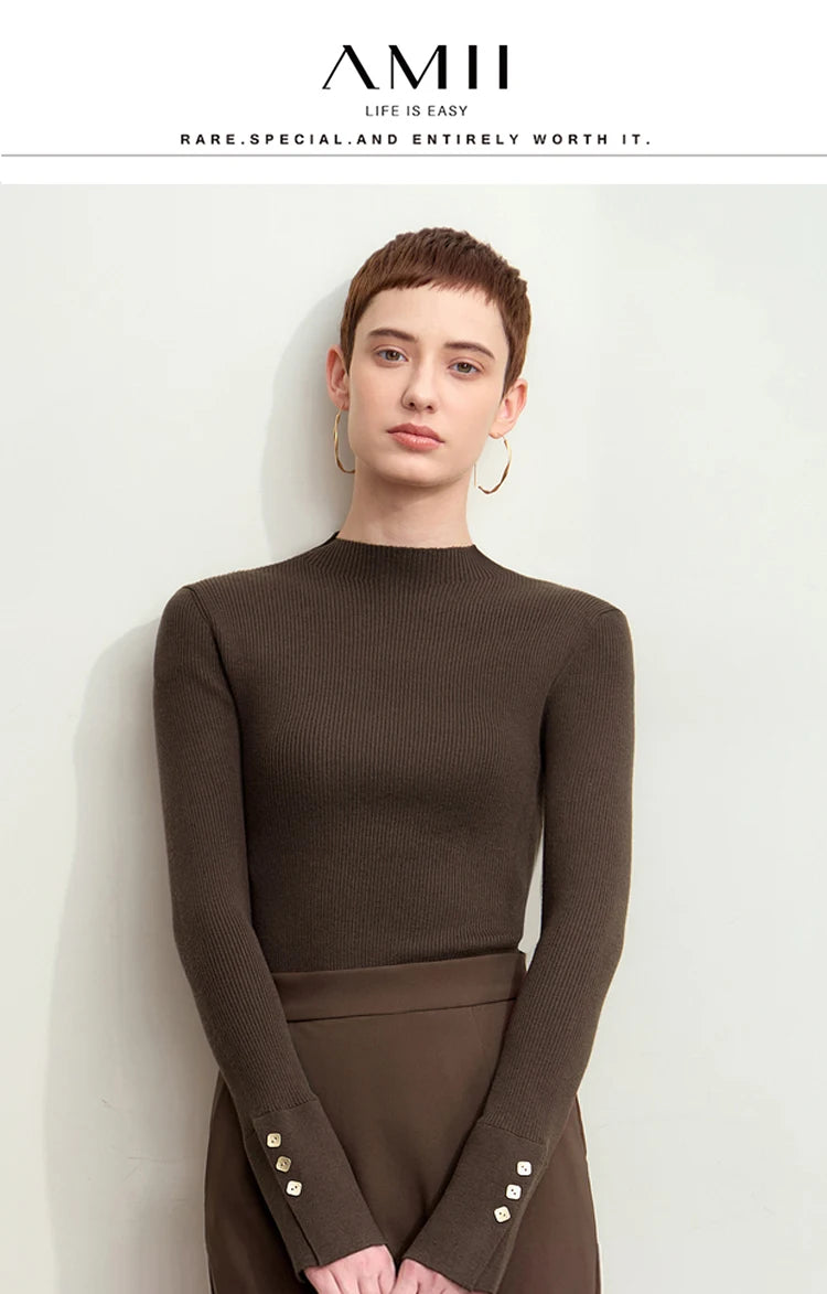 AMII-Strickpullover mit Stehkragen, schmale Passform, braun, Vorderansicht