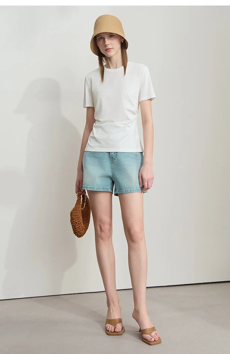 Damen T-Shirt mit Rundhalsausschnitt und gebrochenen Falten aus Modal-Baumwolle