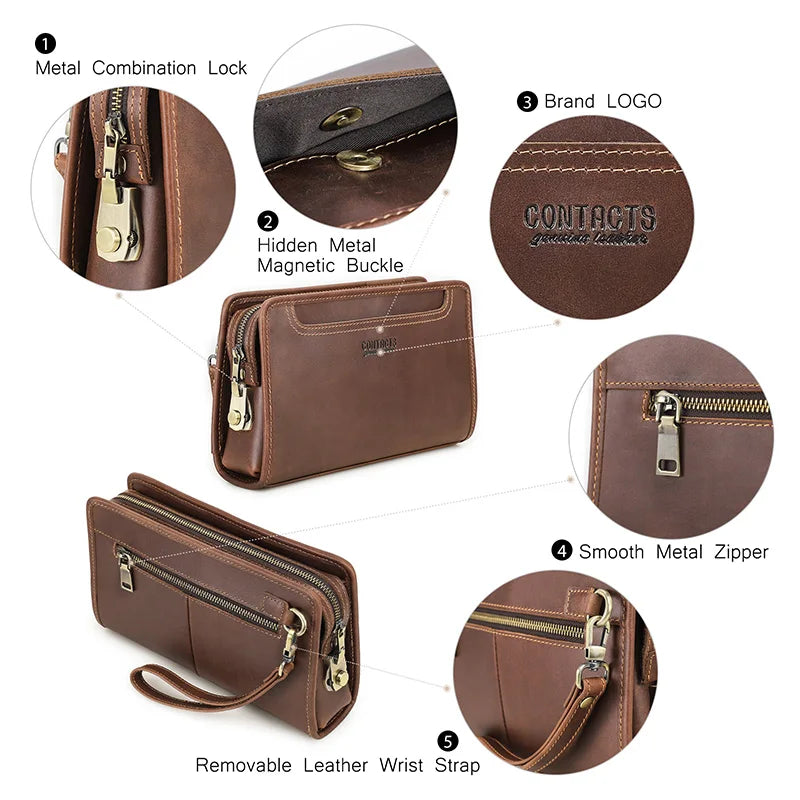 Braune Ledertasche mit verdeckter Magnet-Schnalle, Metallkombinationsschloss und glattem Zipper