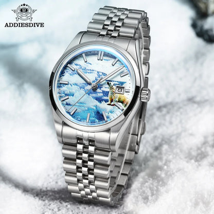 Herren-Automatikuhr mit 3D-Gletscher-Zifferblatt und Bubble-Glas