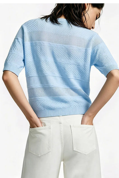Damen-Rundhalspullover Kurzarm Crop Viskose locker Sommer