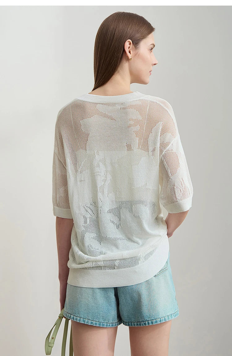 Damen-Strickpullover mit V-Ausschnitt, kurzarm, lockere Passform, helle Cremefarbe, Rückansicht
