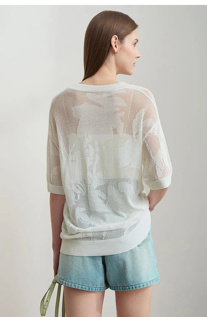 Damen-Strickpullover mit V-Ausschnitt, kurzarm, lockere Passform, helle Cremefarbe, Rückansicht