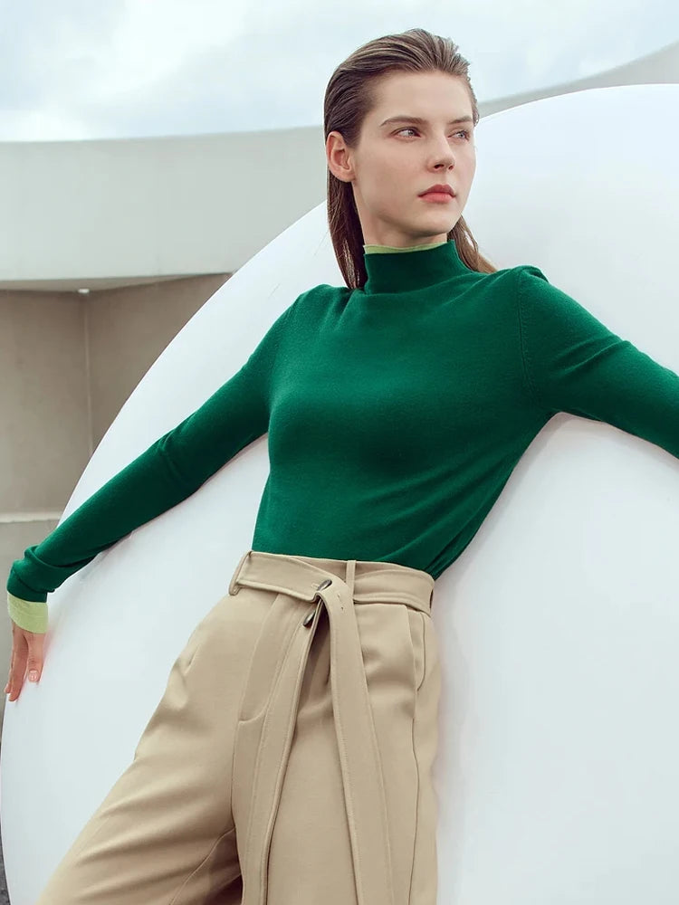 Damen-Strickpullover mit Rollkragen, langarm, schmal geschnitten, einfarbig tiefgrün