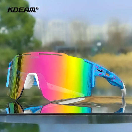 Sport-Sonnenbrille mit Regenbogen-Polarisation und blauem Rahmen, gummierte Bügel