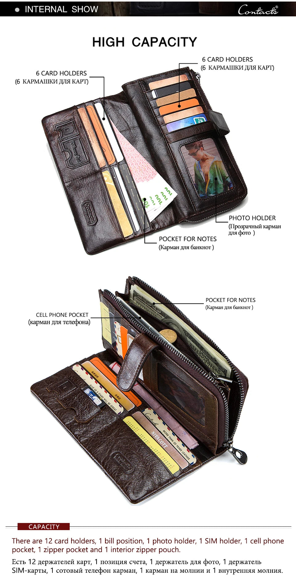 Herren Echtleder Lange Geldbörse Vintage Bifold Reißverschluss Kartenhalter Geldclip