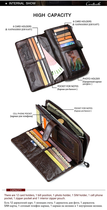 Herren Echtleder Lange Geldbörse Vintage Bifold Reißverschluss Kartenhalter Geldclip