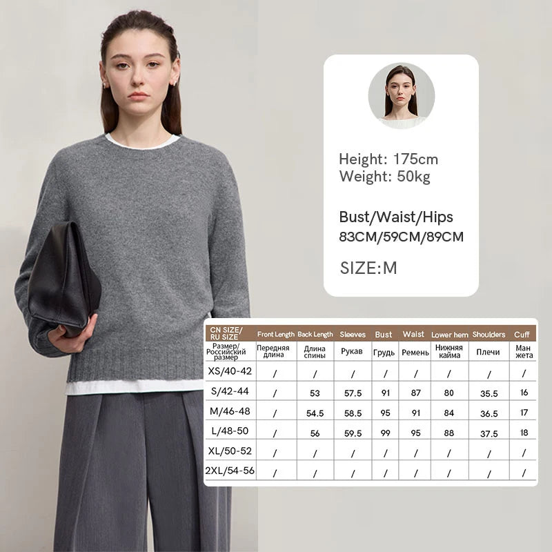 Grau melierter Wollpullover mit Rundhalsausschnitt, langarm, lockere Passform