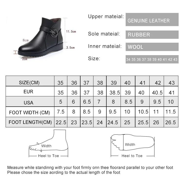Schwarze Winterstiefelette mit Wollfutter und Größenübersicht (Maßtabelle)