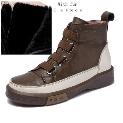 Damen-Winterstiefel-Ankle-Boots, braunes Leder, mit Schnallenriemen und flacher Sohle