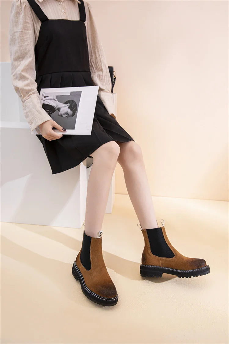 Women Winter Boots Sued Genuine Leather  New Fashion British Style Women Chelsea Boots Large Size 41　42　43 Female Ankle Boots