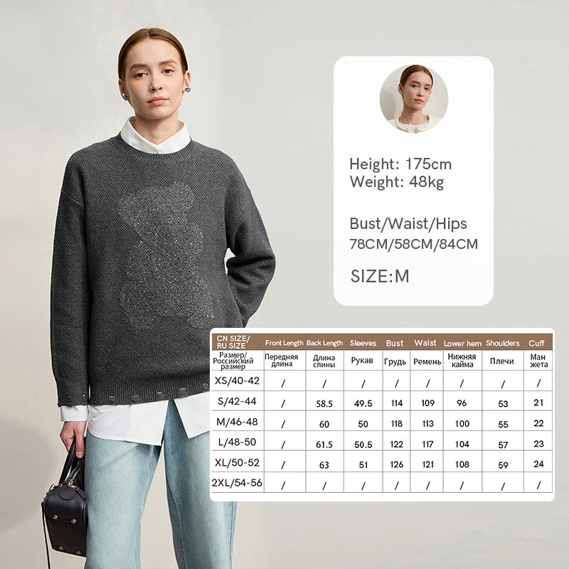Damen-Rundhalspullover Jacquard Aushöhlung Perlenstickerei locker Winter