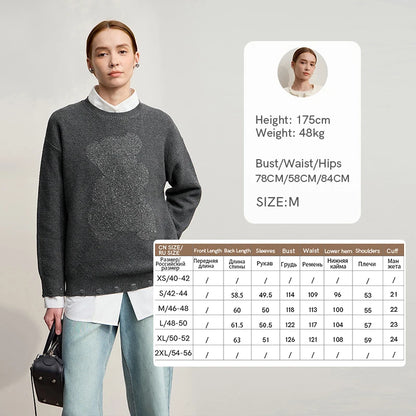 Damen-Rundhalspullover Jacquard Aushöhlung Perlenstickerei locker Winter