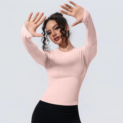 Rosa Langarm-Yoga-Shirt, Rundhals, eng anliegende Passform, glatter Stoff