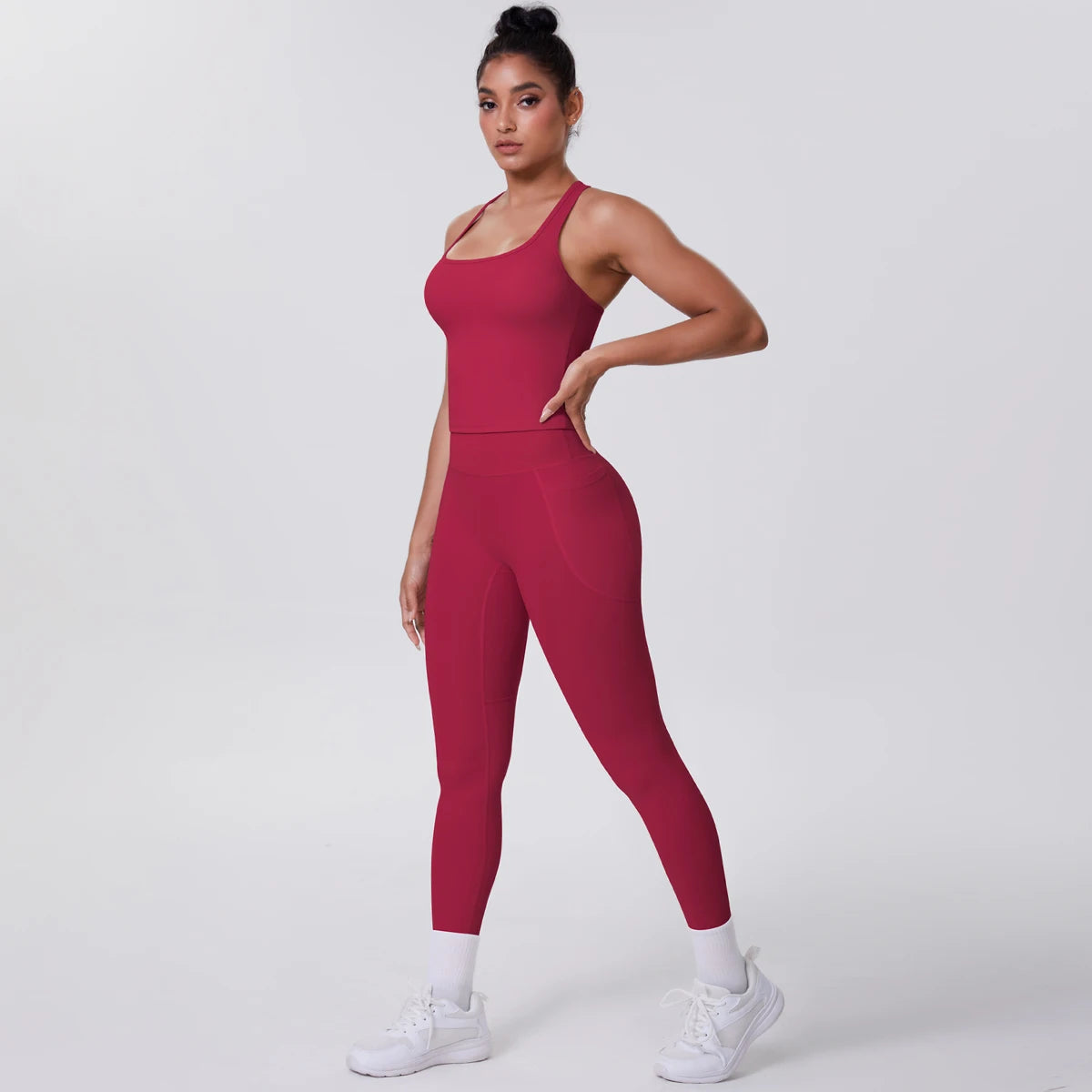 Damen Yoga-Overall, dunkelrot, ärmellos, figurbetont, Taschen am Oberschenkelbereich