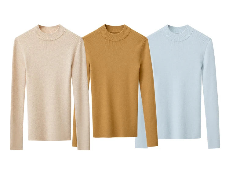 Strickpullover mit Stehkragen, langarm; Beige, Braun und Hellblau im Set