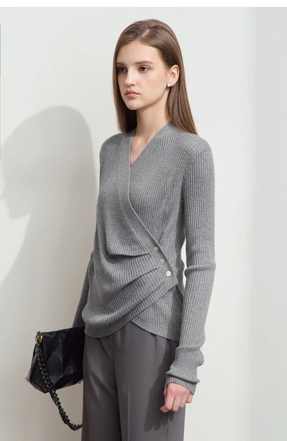 Damen V-Ausschnitt Pullover plissiert Muschelschnalle Wolle Herbst