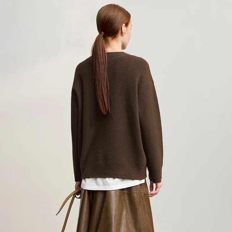 Damen-Rundhalspullover Jacquard Aushöhlung Perlenstickerei locker Winter