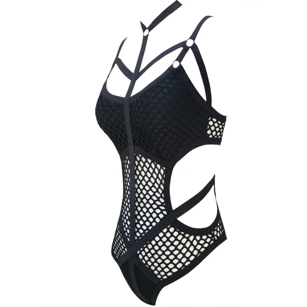 Damen Badeanzug Fischnetz Mesh schwarz Monokini Einteiler Strandmode