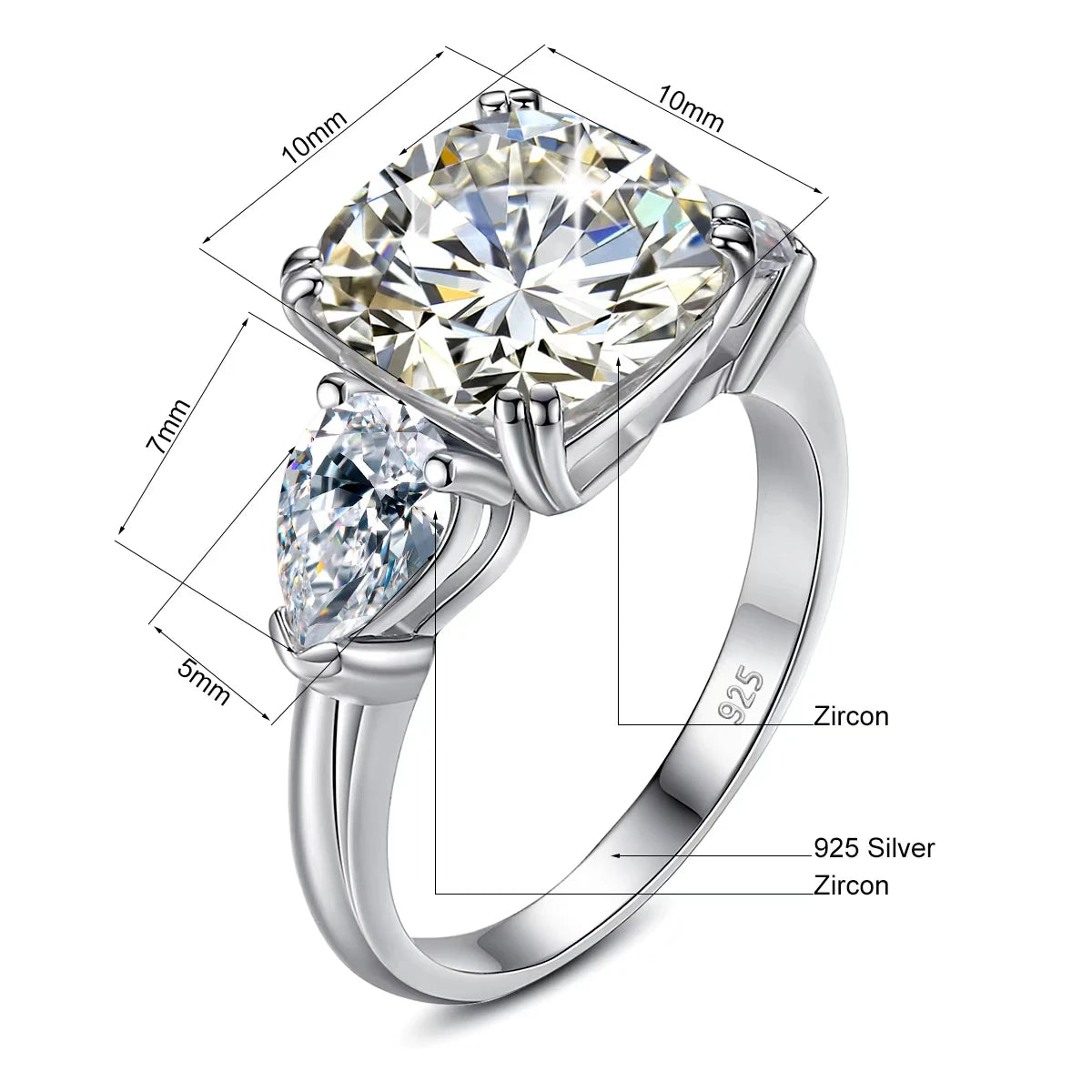 Damen-Ring Moissanit Drei-Stein Kissen-Schliff 5-Karat Zertifiziert Mit Echtheitszertifikat