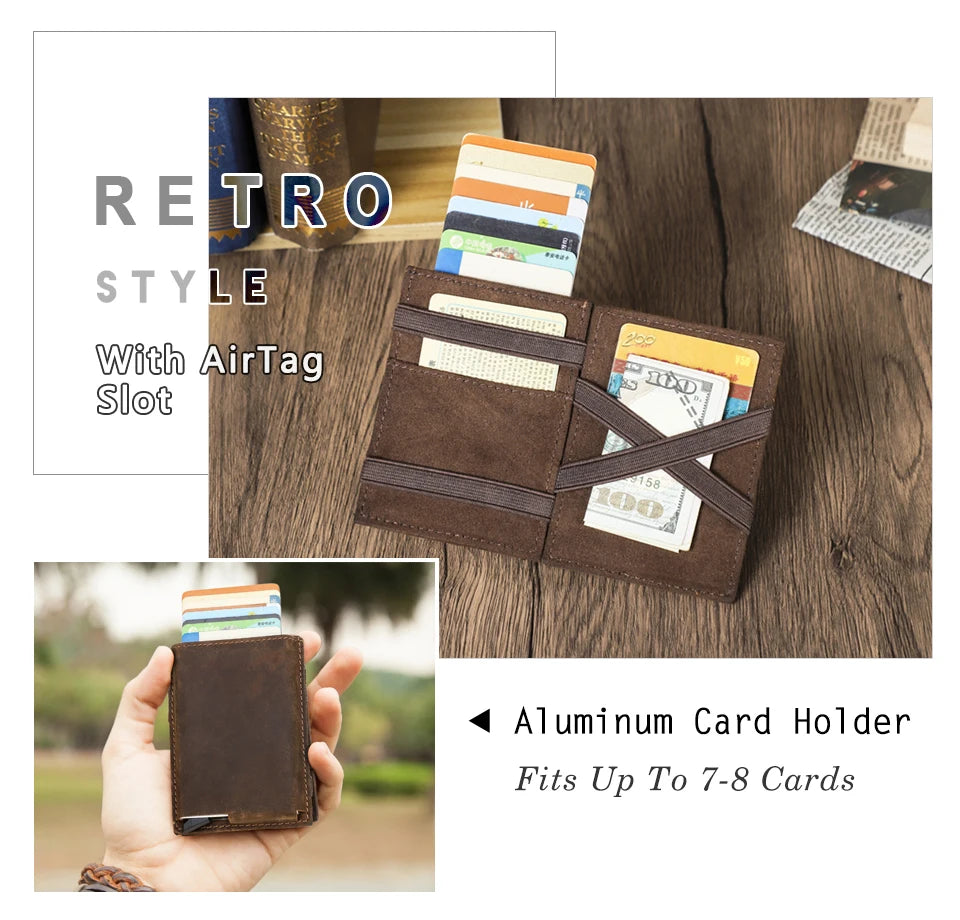 Herren Echtleder Geldbörse Vintage RFID Airtag Fach Aluminium Kartenhalter Business
