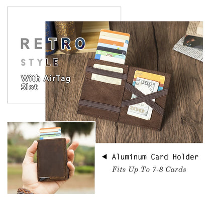 Herren Echtleder Geldbörse Vintage RFID Airtag Fach Aluminium Kartenhalter Business