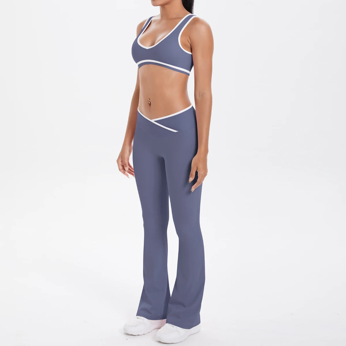 Yoga-Set mit Sport-BH und Leggings, hoher Bund, dunkelblau-grau, gerader Beinschnitt