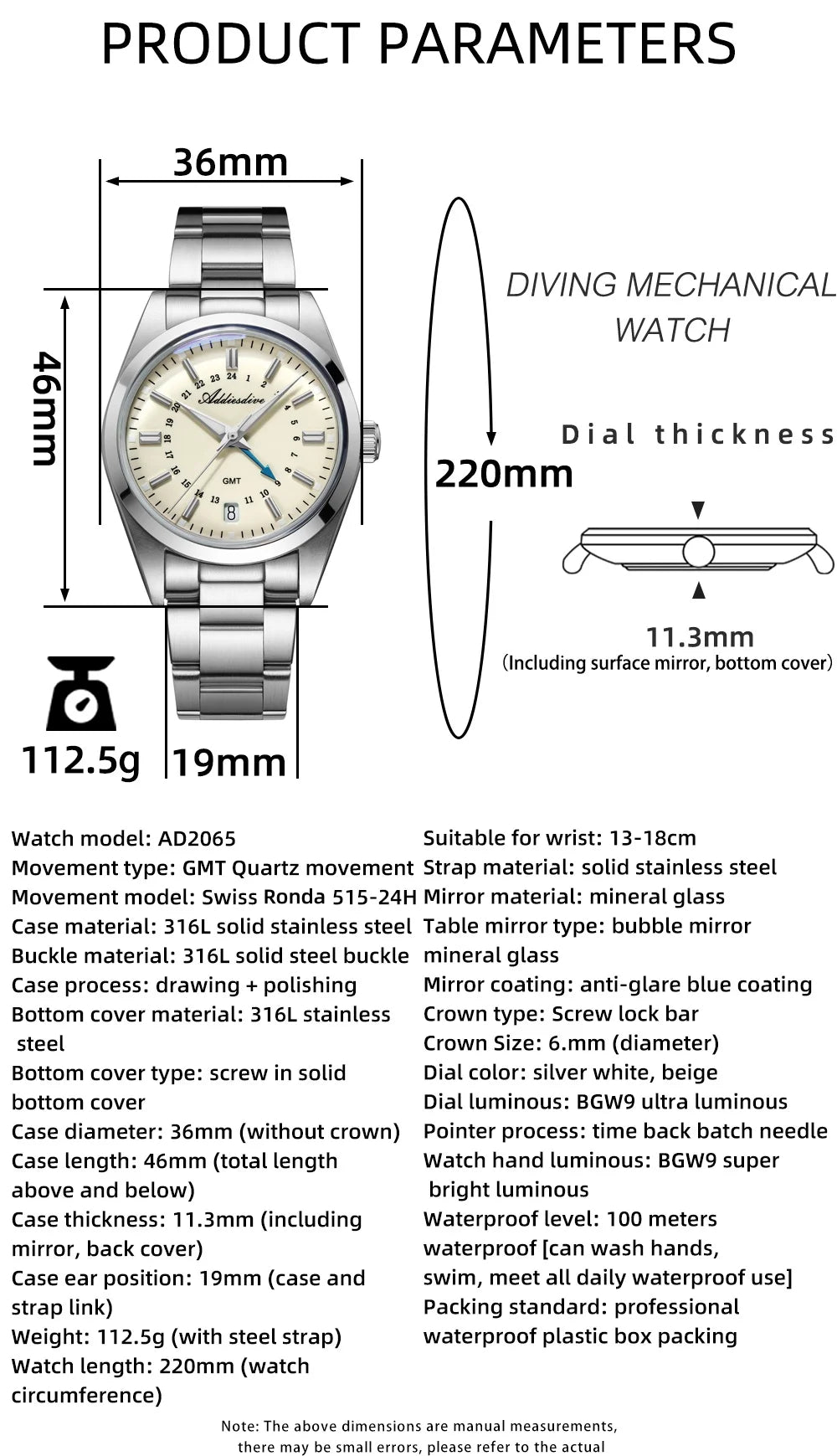 Herren-GMT-Quarzuhr mit Ronda-Werk und Bubble-Glas